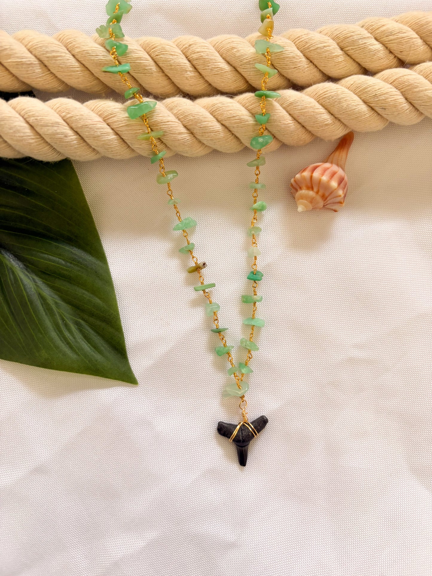 Sea Glass Glow – Chrysoprase Chip Shark Tooth Necklace