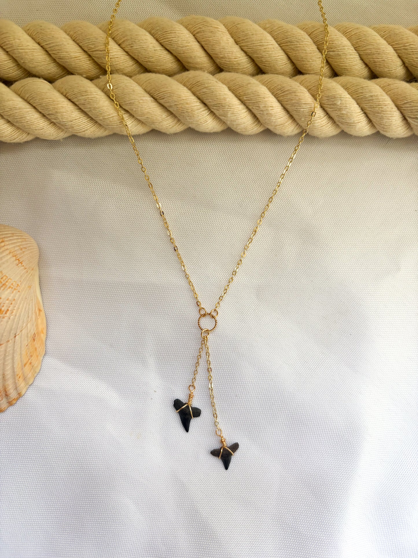 Waterproof Double Shark Tooth Lariat Necklace | 18k Gold Filled