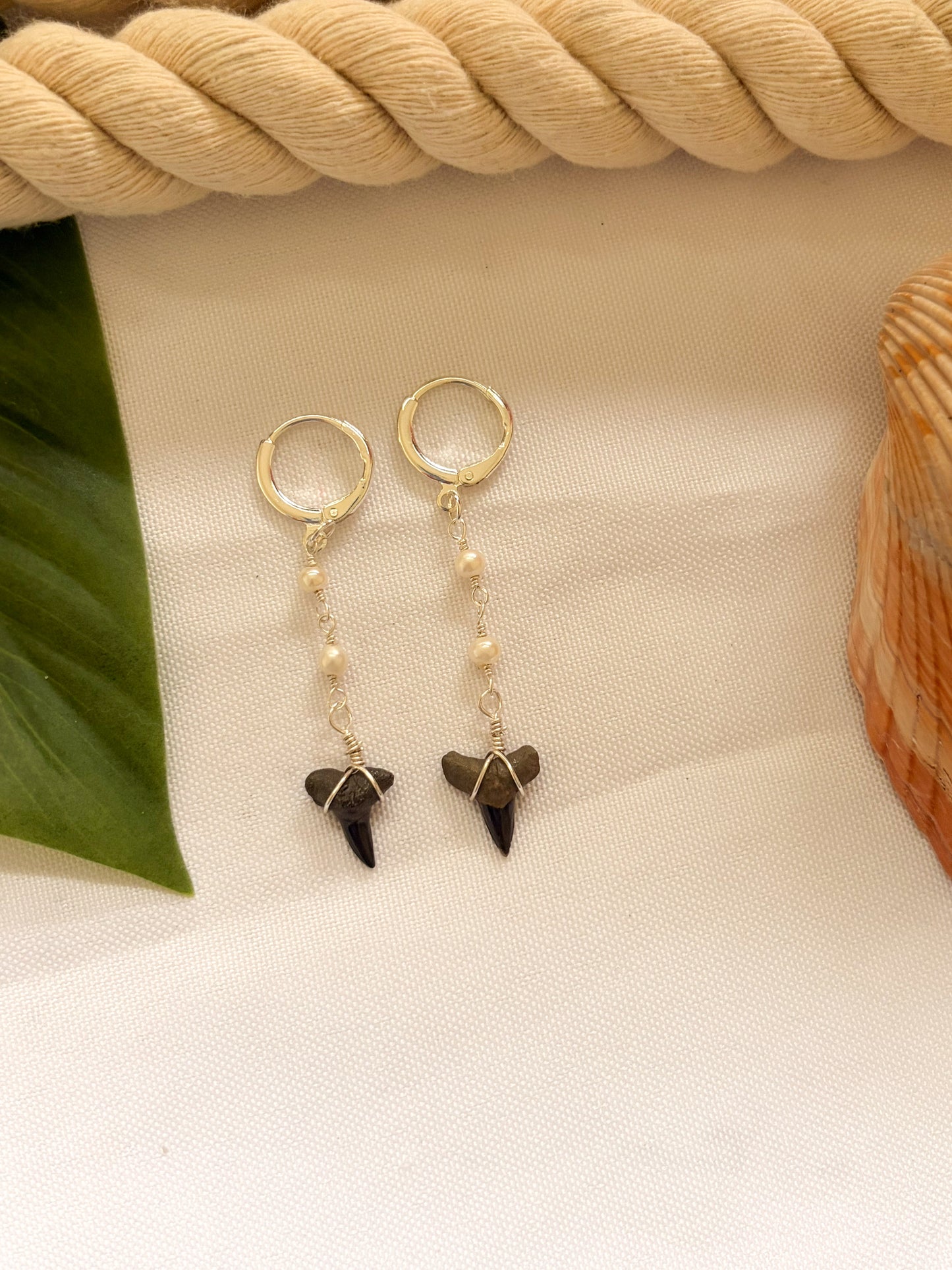 Tidepool Pearl Shark Tooth Earrings – Waterproof Silver Hoops