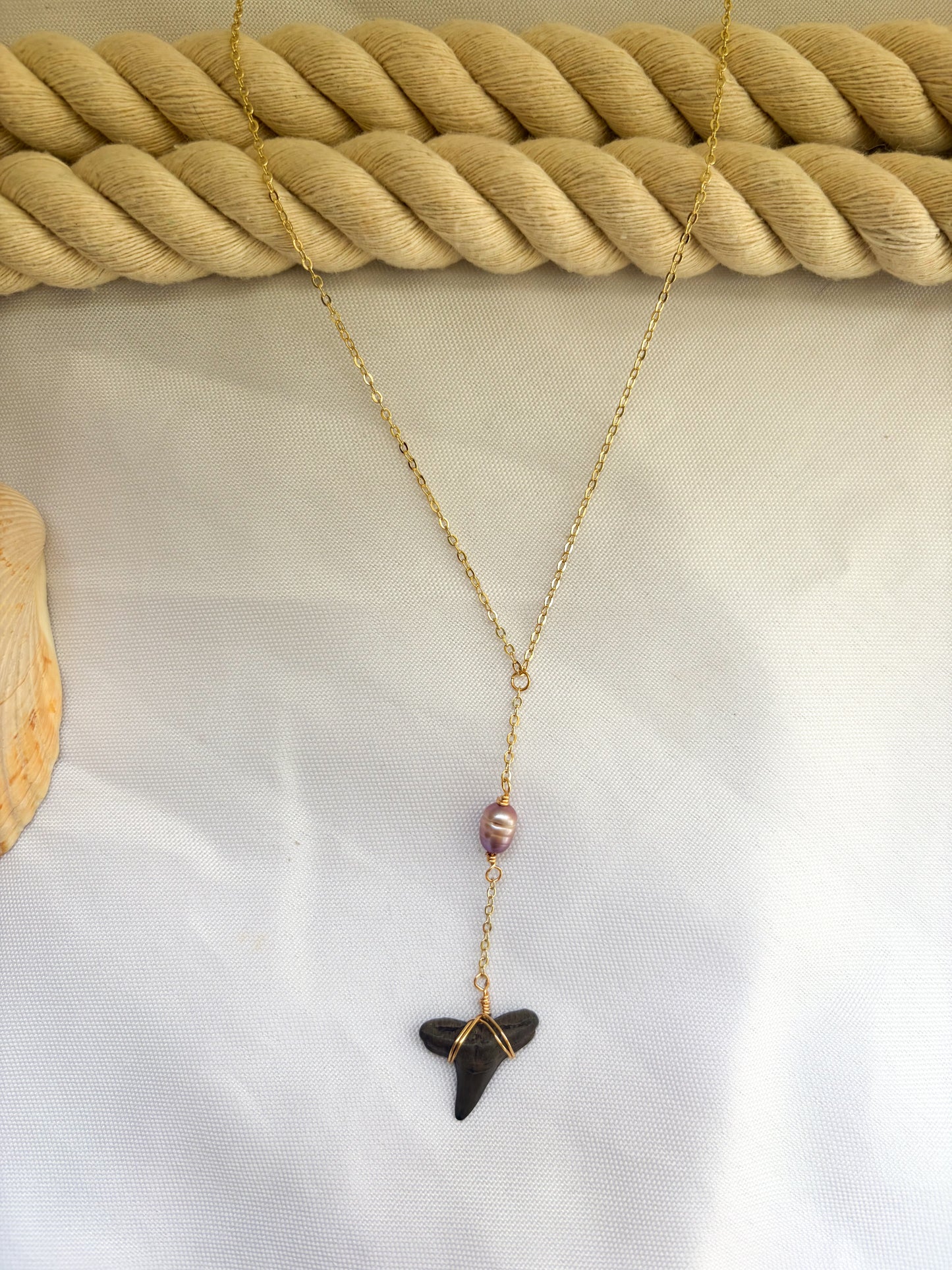 Purple Pearl Shark Tooth Lariat Necklace