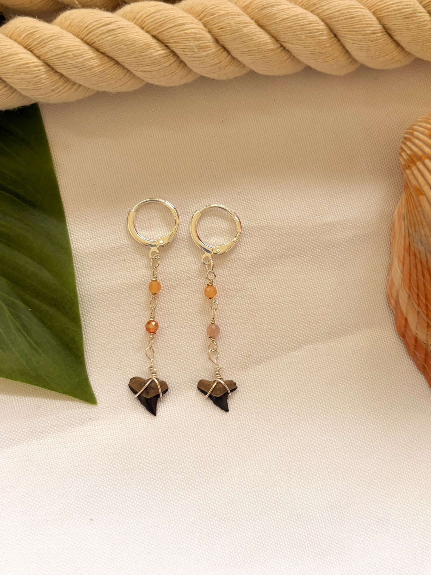 Sunset Shores Shark Tooth Earrings – Waterproof Silver Hoops