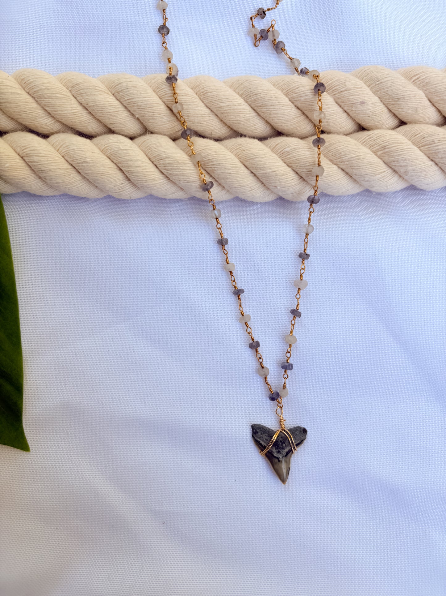 Luna Current Necklace – Gold Moonstone, Iolite & Shark Tooth Pendant