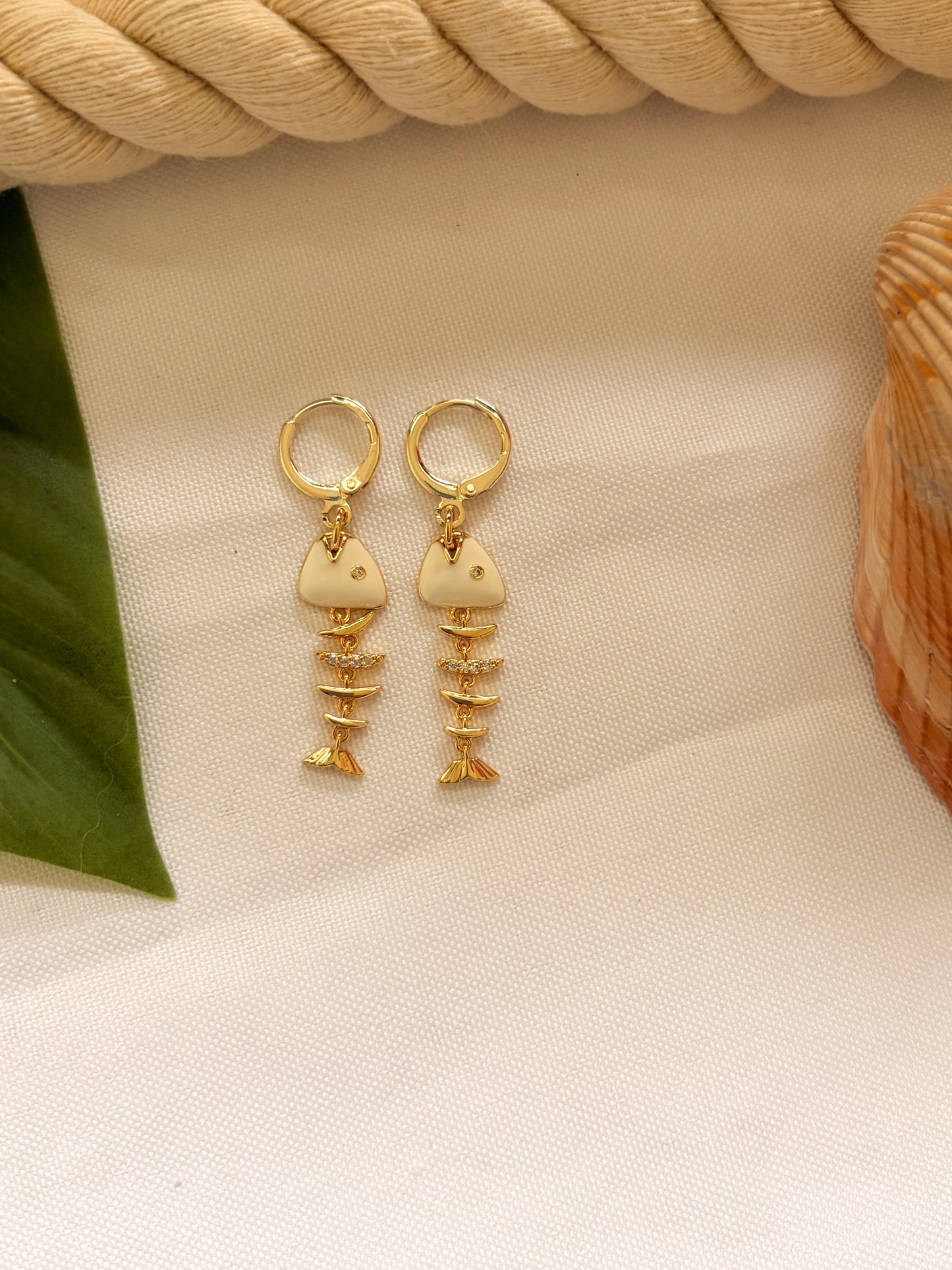 White Headed Fishbone Earrings – Waterproof Gold Huggie Hoops