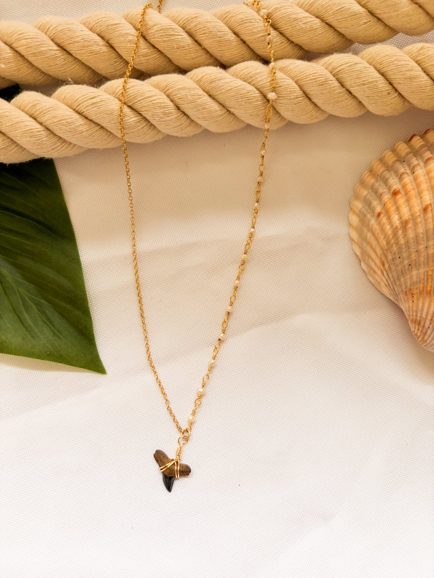 Salt + Pearl Necklace – 18k Gold Filled Half Beaded Freshwater Pearl Shark Tooth Necklace