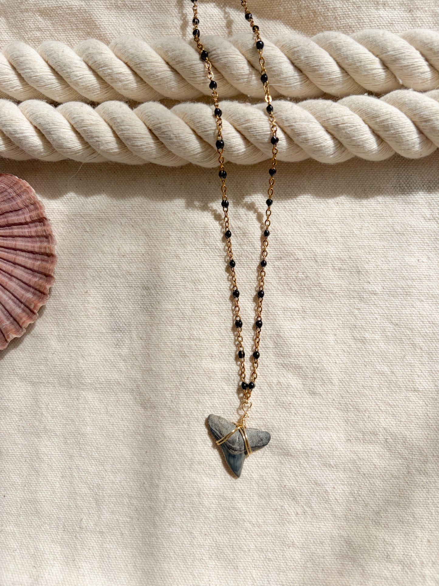 Low Tide – Gold Shark Tooth Necklace (Black Detail, 20”)
