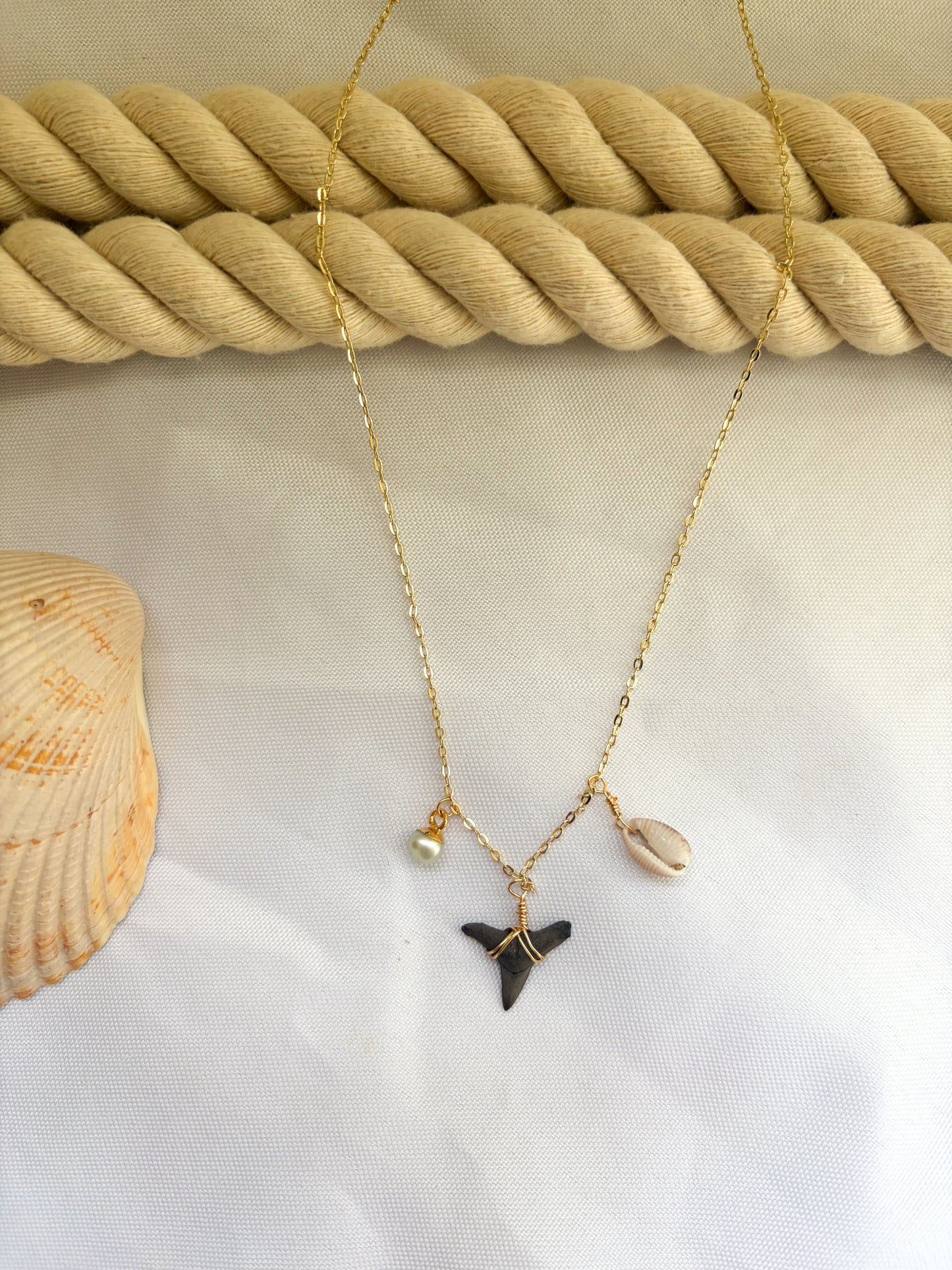 Waterproof Shark Tooth Cowrie Shell Necklace with Freshwater Pearl | 18k Gold Filled