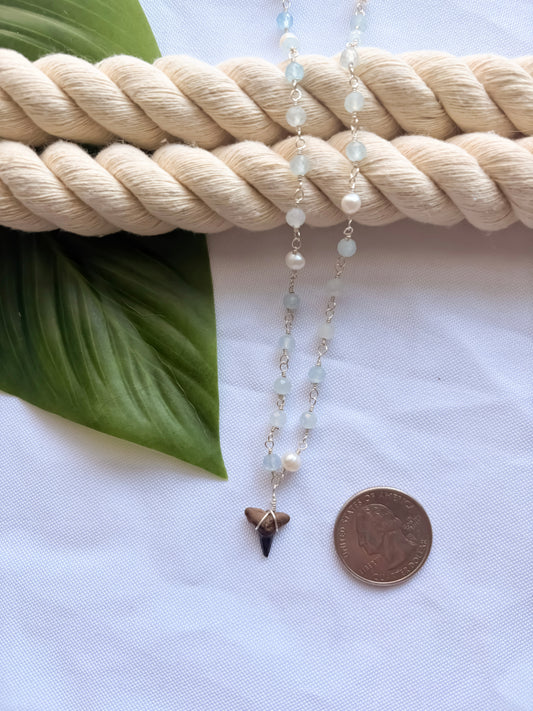 Aqua Canyon Aquamarine & Pearl Shark Tooth Necklace