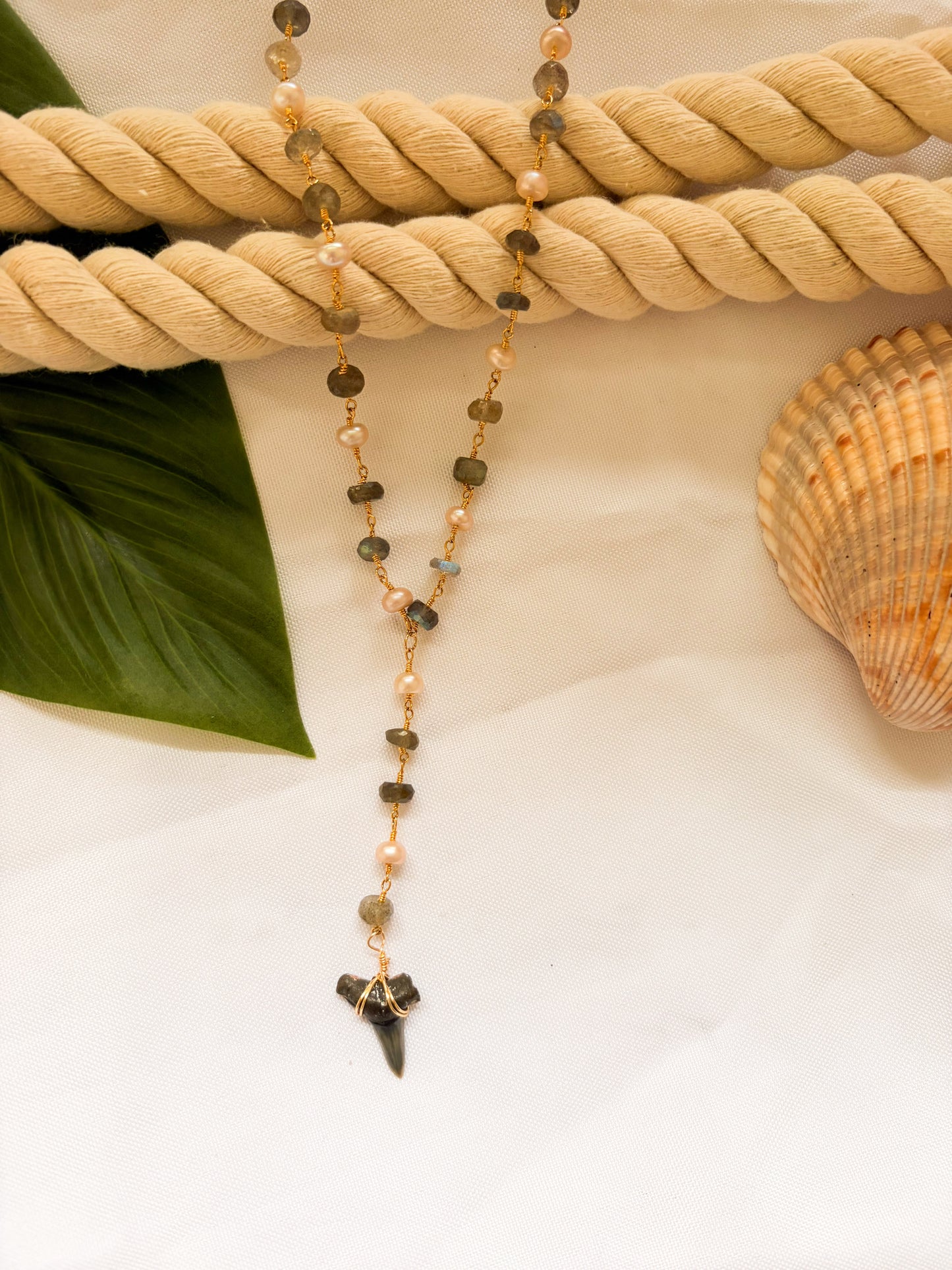 Low Tide Necklace โ 18k Gold Filled Waterproof Labradorite + Freshwater Pearl Shark Tooth Necklace