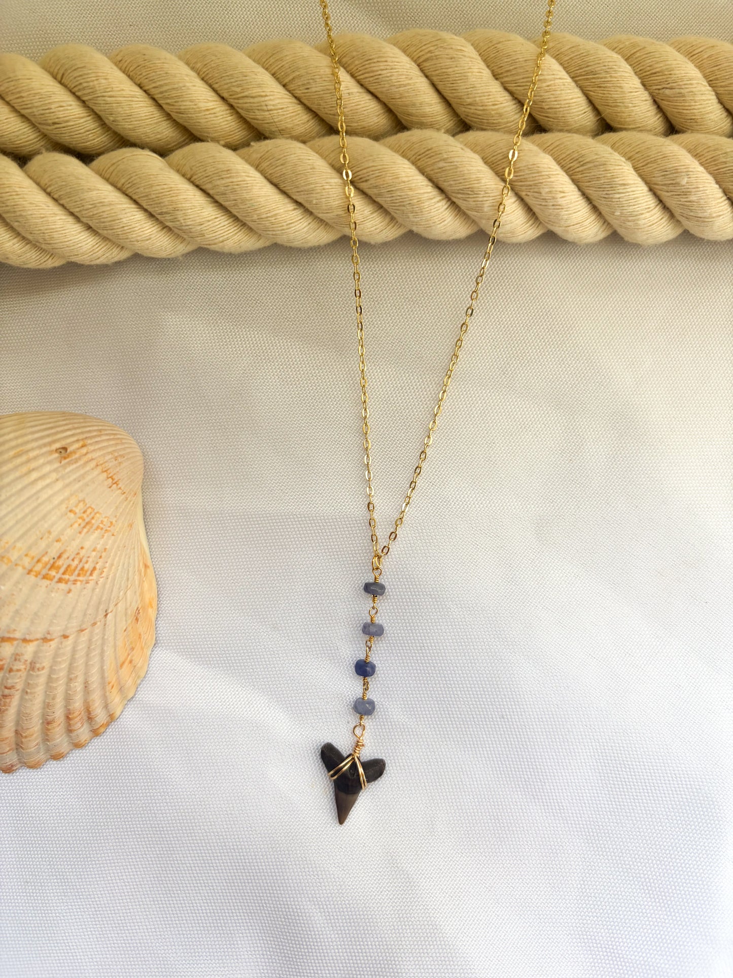 Waterproof Blue Gemstone Shark Tooth Necklace | 18k Gold Filled