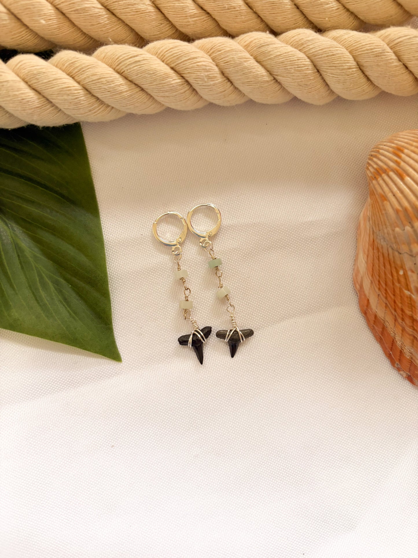 Seafoam Shark Tooth Earrings – Waterproof Silver Hoops