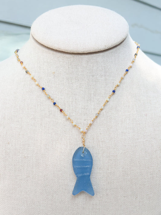Multicolor Beaded Sea Glass Fish Necklace