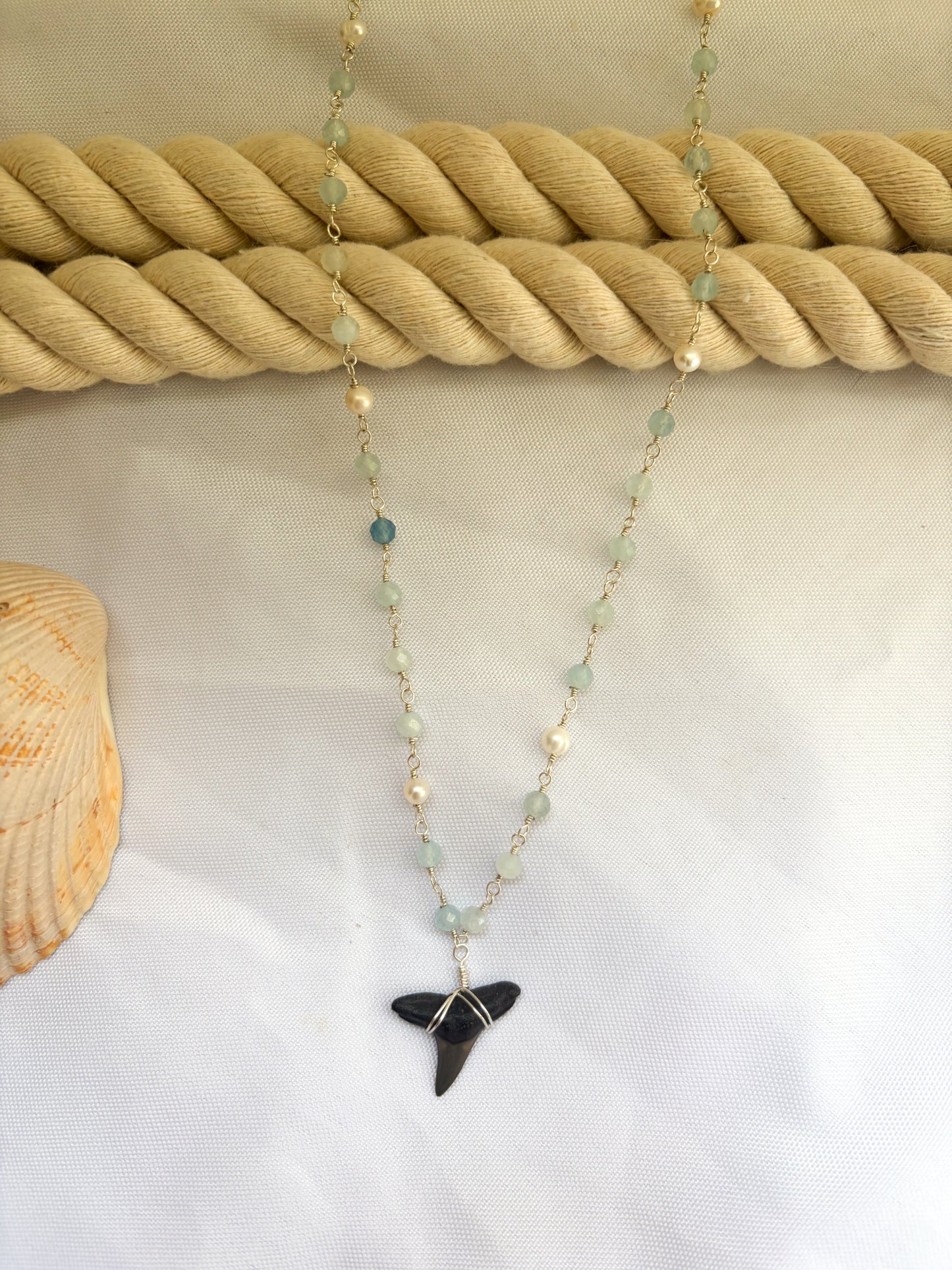 Aquamarine Shark Tooth Necklace with Freshwater Pearls | Sterling Silver