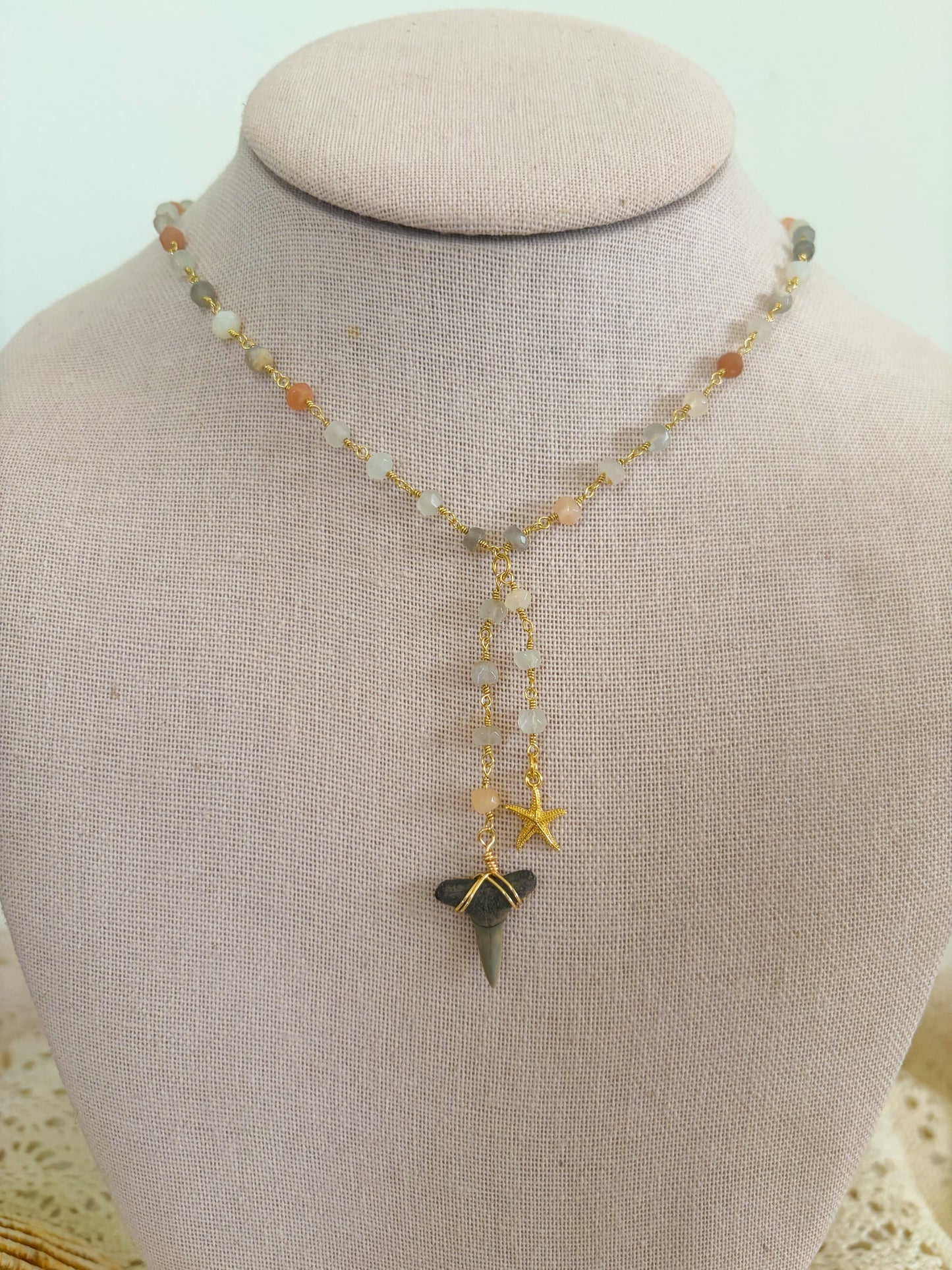 Rainbow Moonstone Shark Tooth & Starfish Necklace