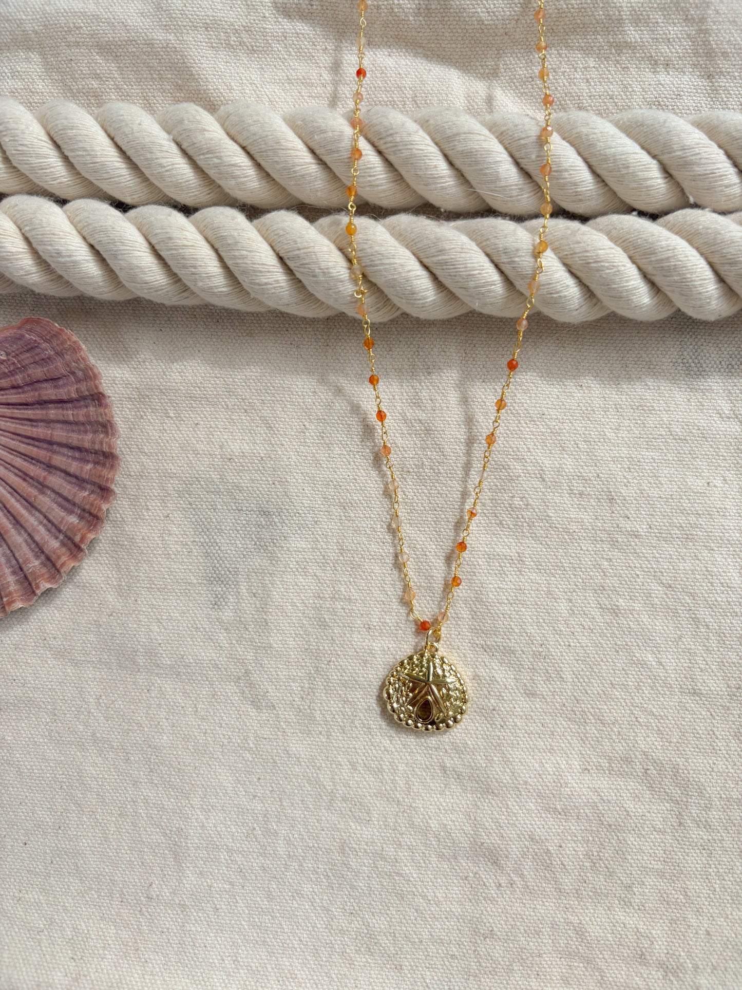 Sunkissed Relic – Gold Sand Dollar Necklace (Orange Beaded, 18”)