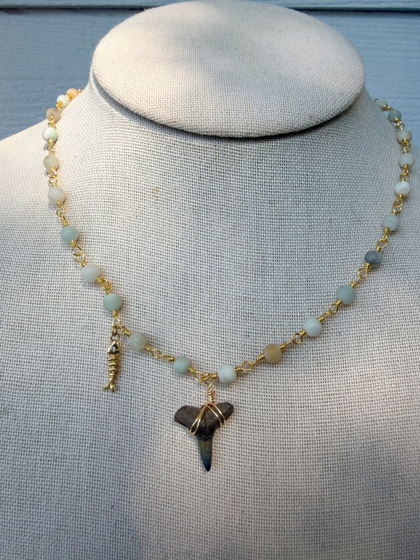Amazonite Fishbone Shark Tooth Necklace