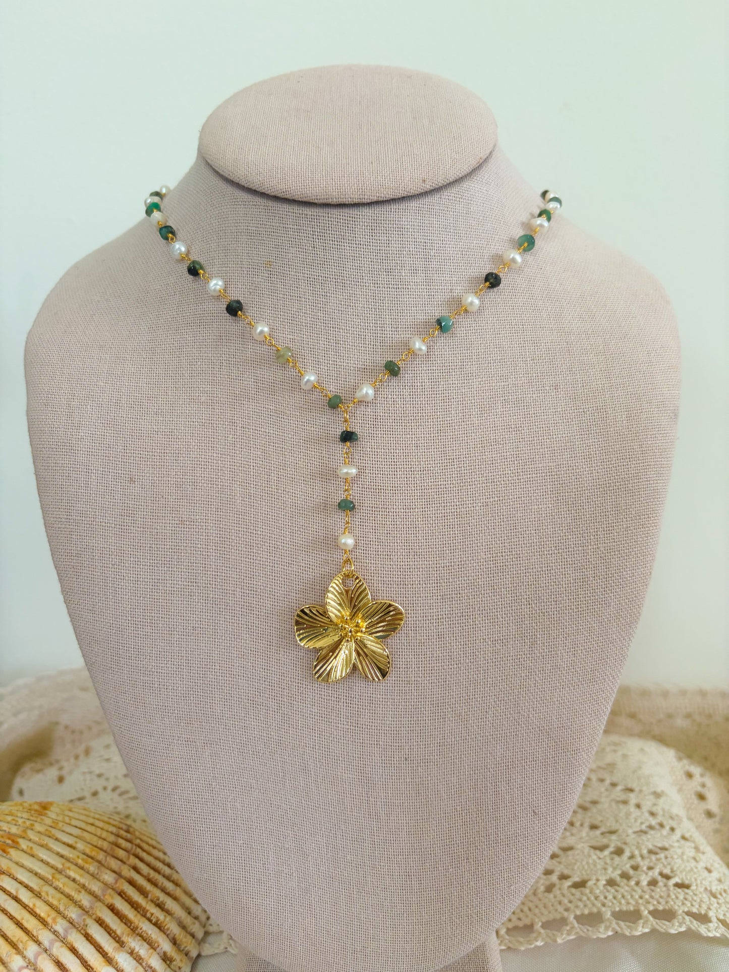 Waterproof Emerald & Freshwater Pearl Flower Lariat Necklace