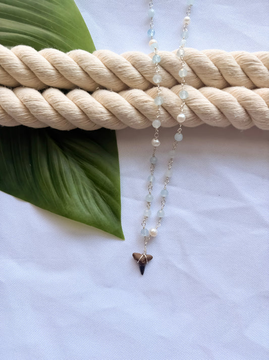 Aqua Canyon Aquamarine & Pearl Shark Tooth Necklace