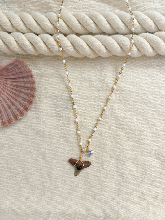 Starlit Current – Gold Enamel Shark Tooth Necklace with Blue Star Charm (20”)
