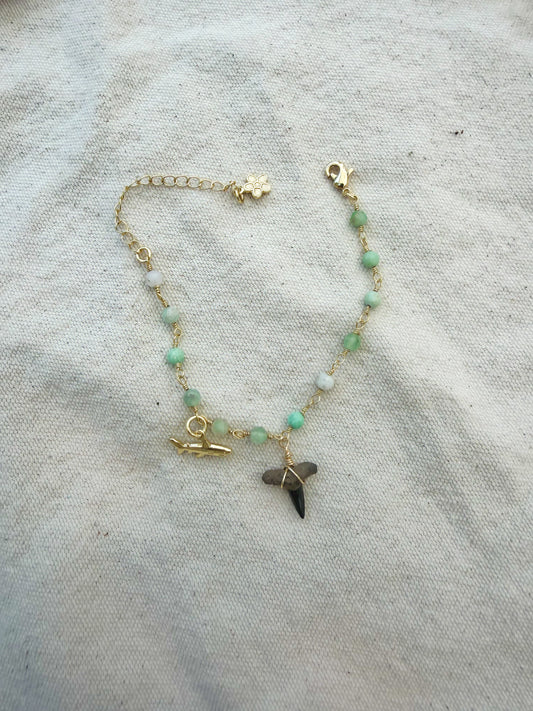 Chrysoprase Shark Tooth & Shark Charm Bracelet