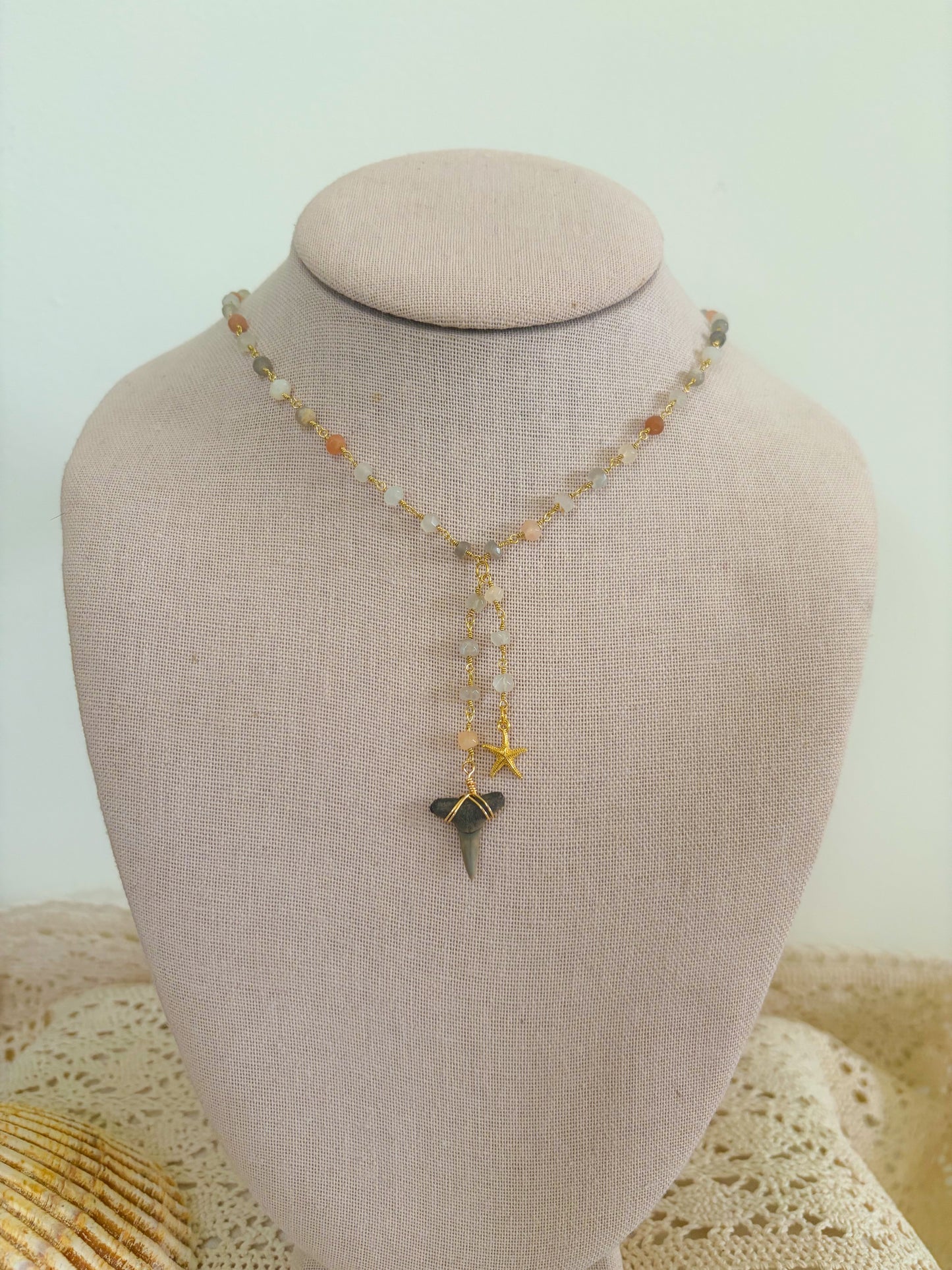 Rainbow Moonstone Shark Tooth & Starfish Necklace