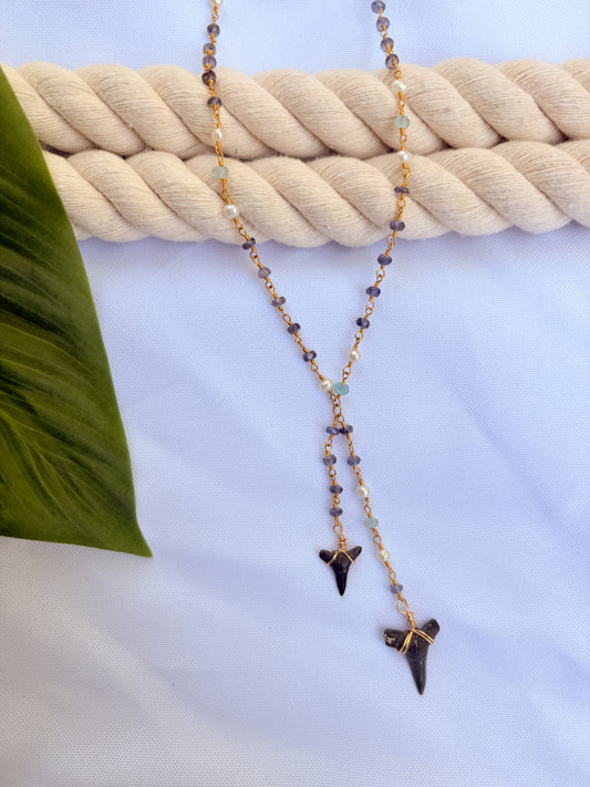 Twin Tide Lariat Necklace – Aquamarine, Tanzanite & Double Shark Tooth