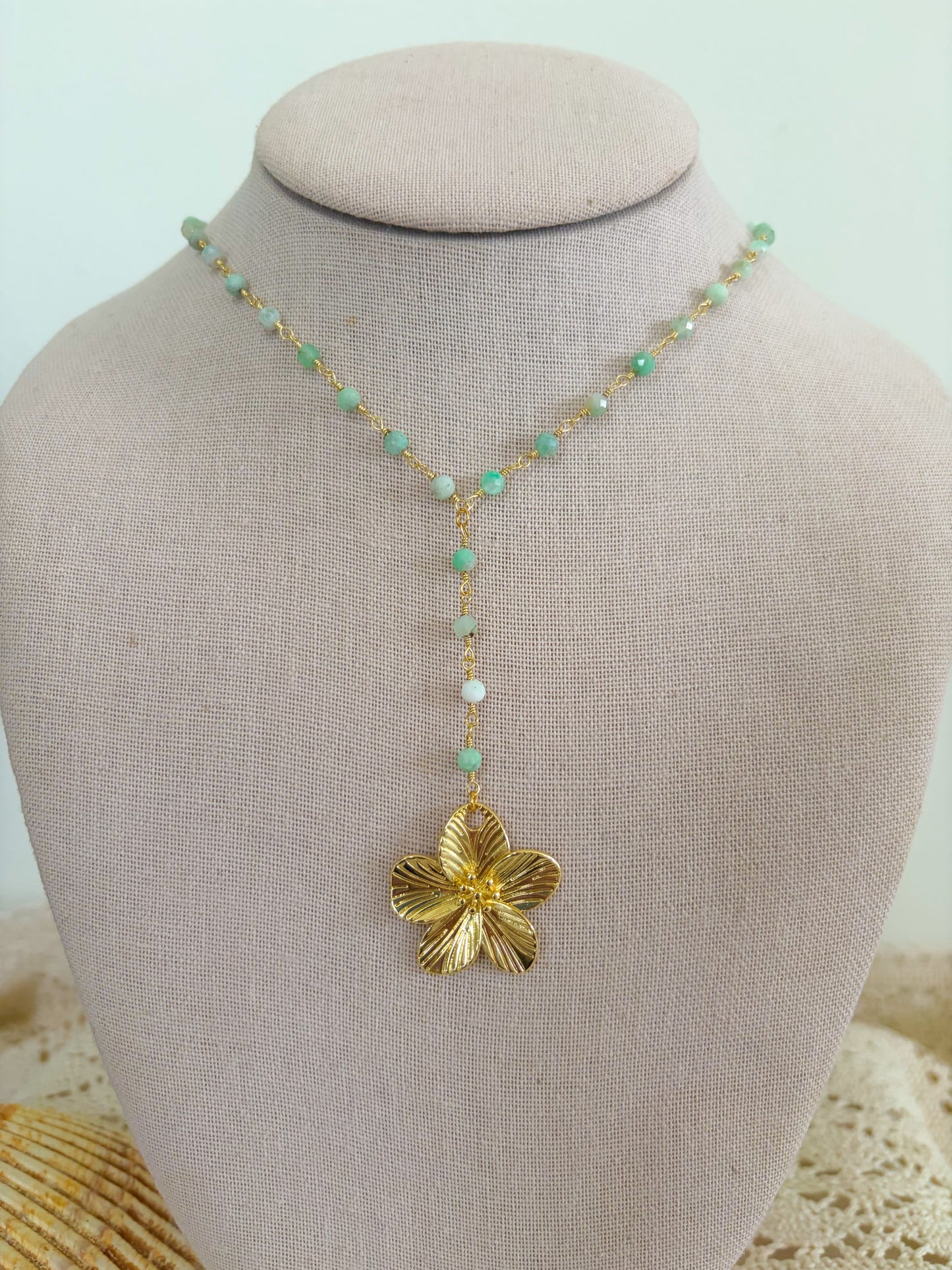 Waterproof Chrysoprase Flower Lariat Necklace