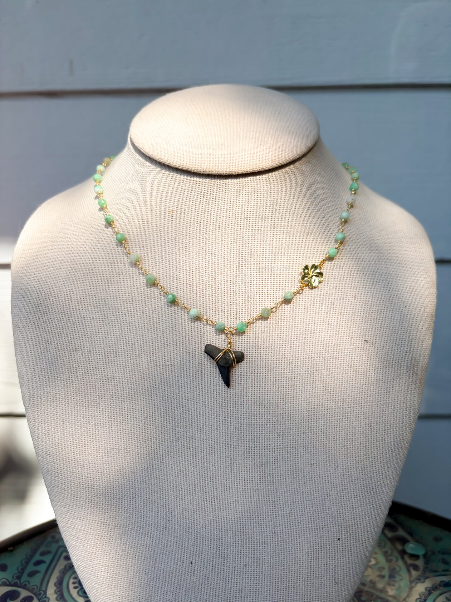 Chrysoprase Hibiscus Shark Tooth Necklace