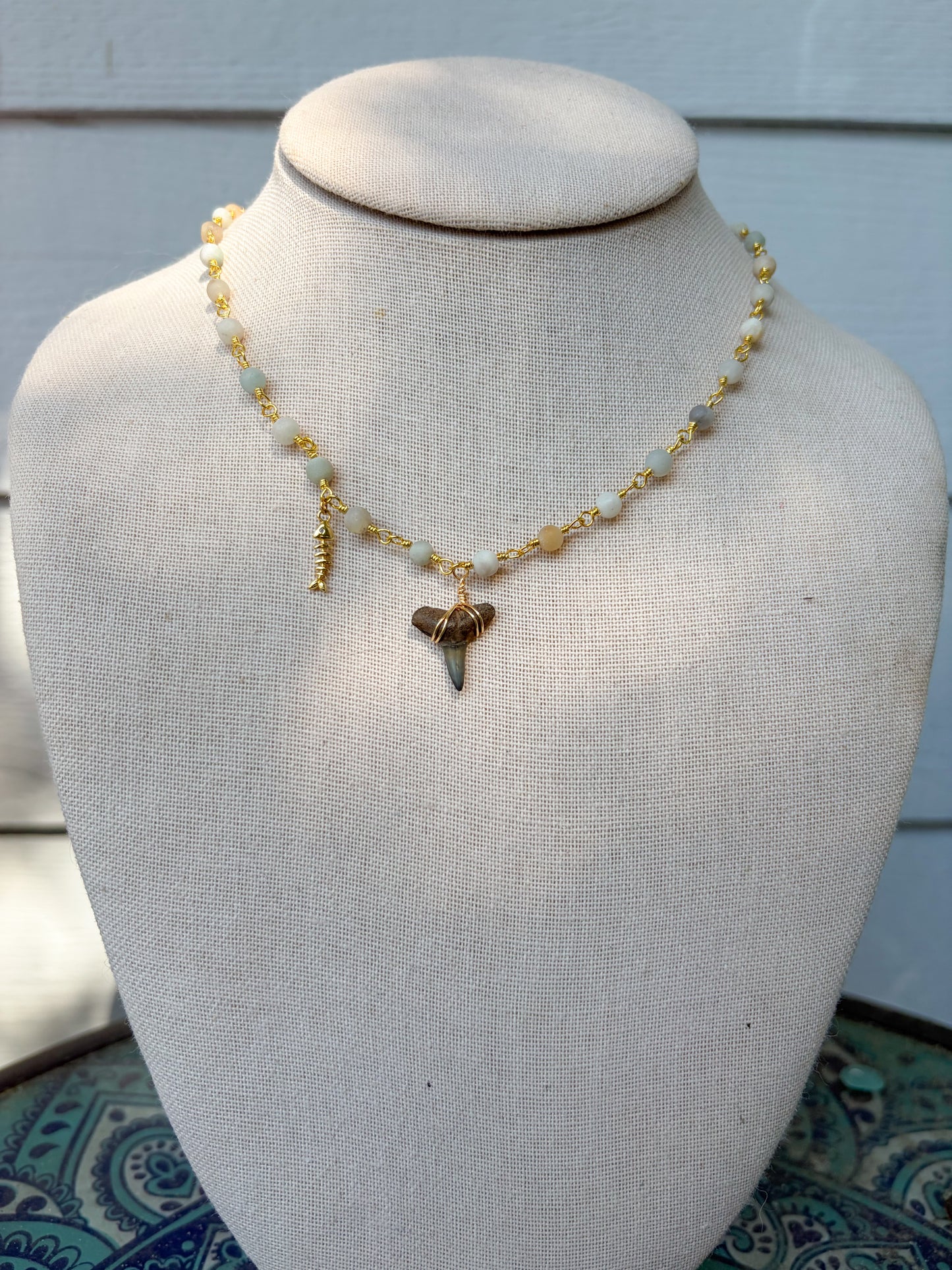Amazonite Fishbone Shark Tooth Necklace