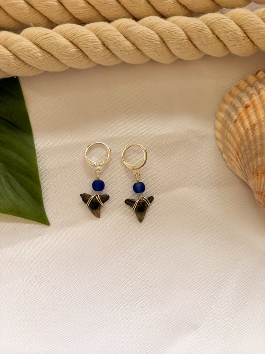 Deep Tide Huggies – Waterproof Silver Shark Tooth Earrings with Blue Sea Glass