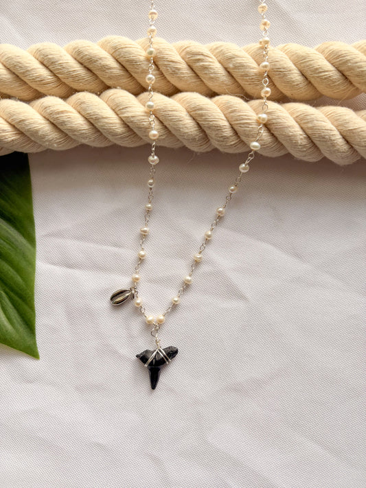 Tidal Pearl Cowrie Shark Tooth Necklace