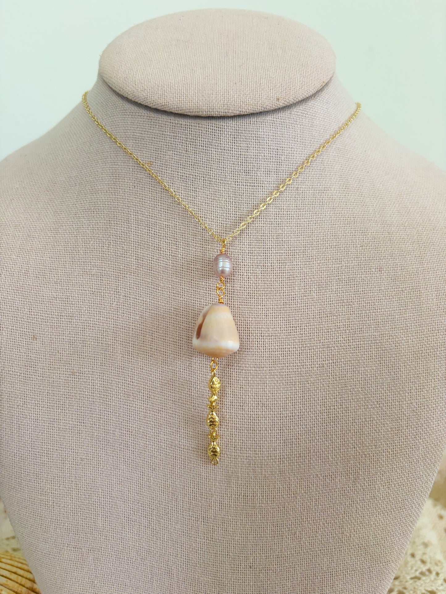 Waterproof Cone Shell & Freshwater Pearl Lariat Necklace