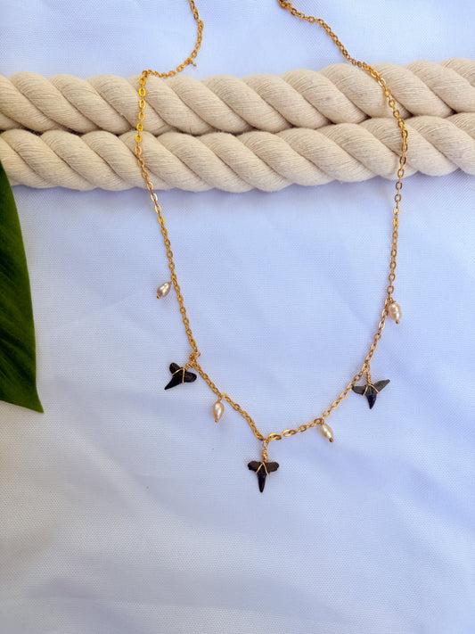 Siren Charm Necklace – Gold Triple Shark Tooth & Pearl