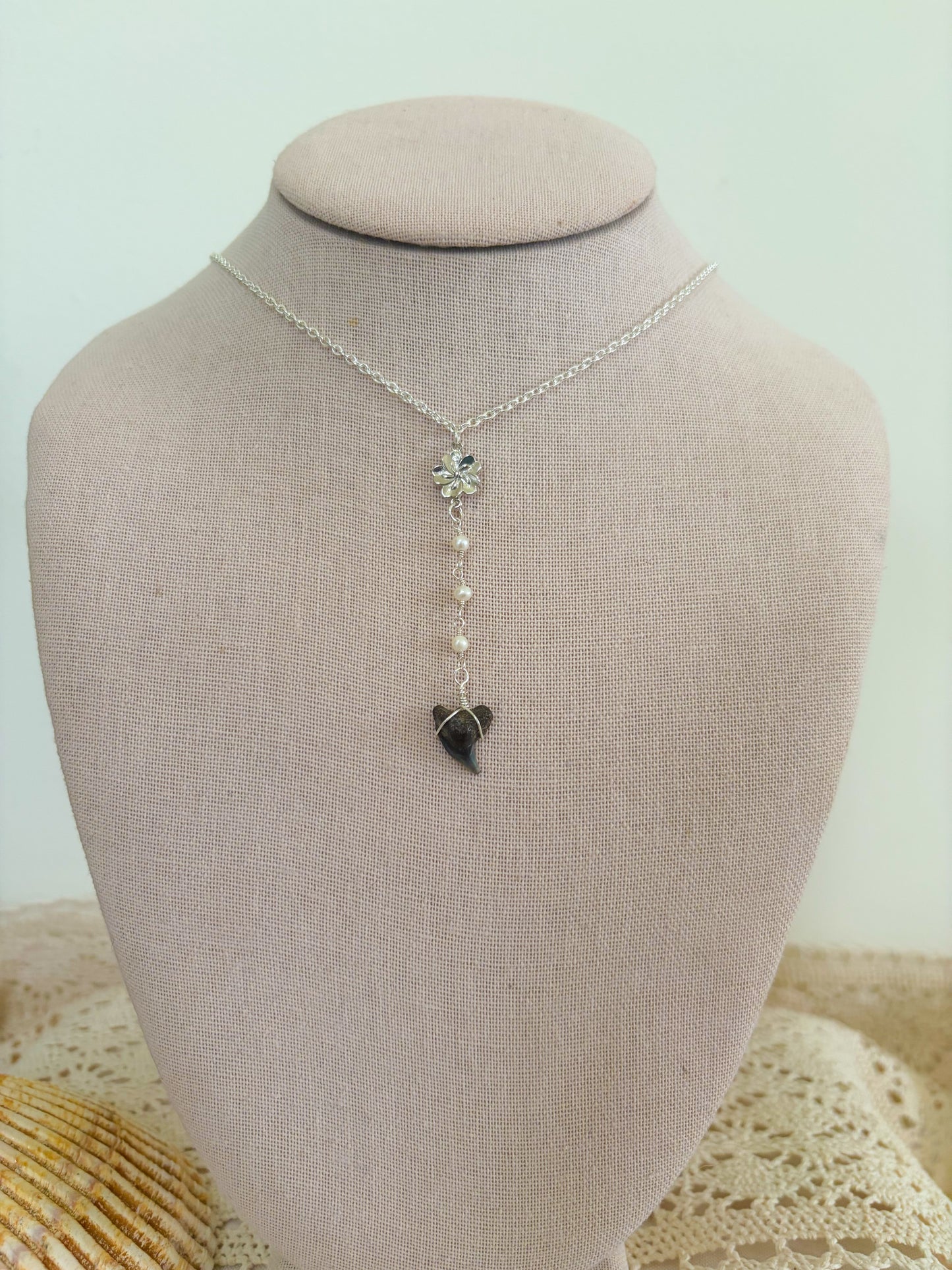 Silver Hibiscus Shark Tooth Lariat Necklace