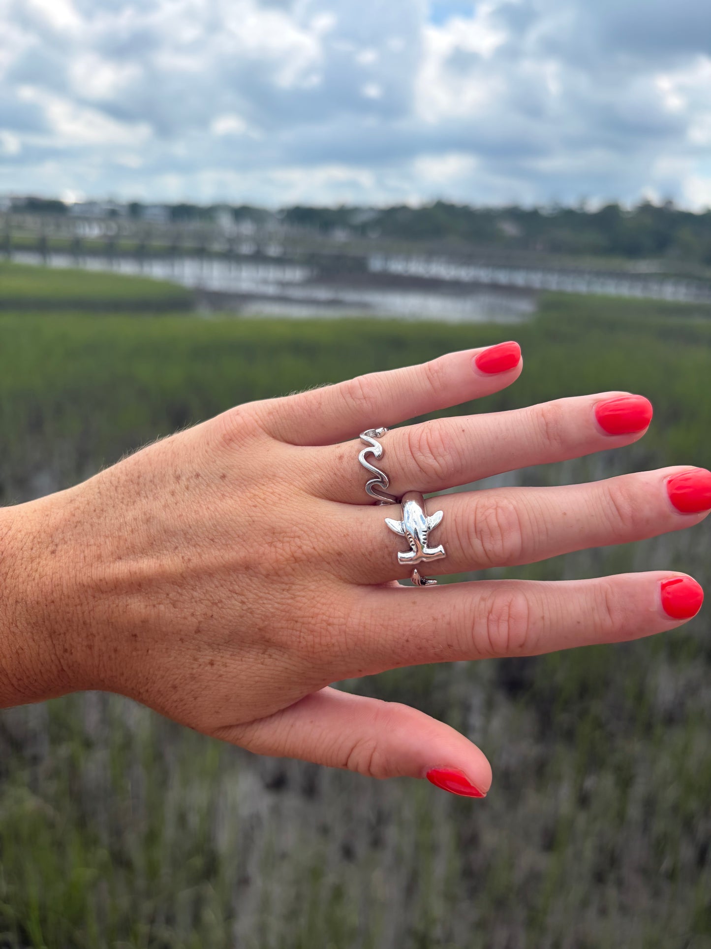 Silver Shark Ring & Wave Ring | Coastal Ocean Ring Collection