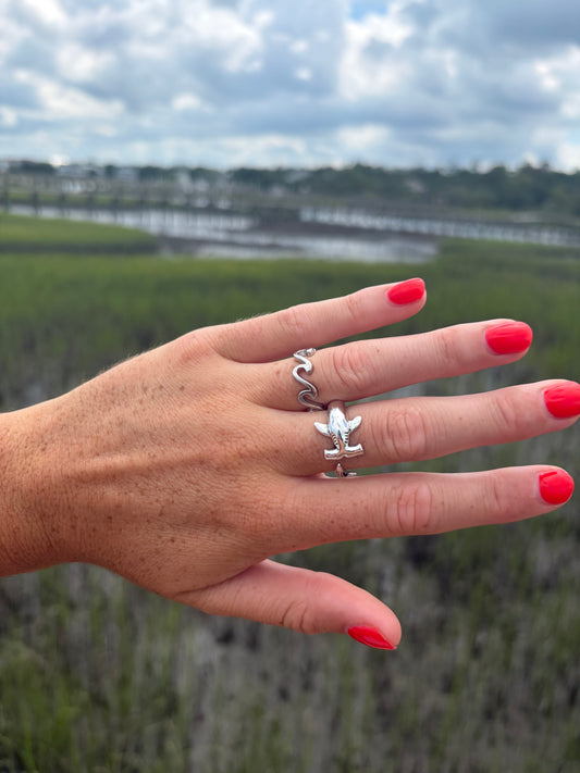 Silver Shark Ring & Wave Ring | Coastal Ocean Ring Collection