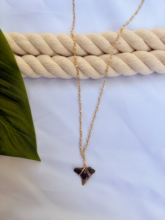 Coastline Pearl Necklace – Gold Beaded Pearl & Shark Tooth