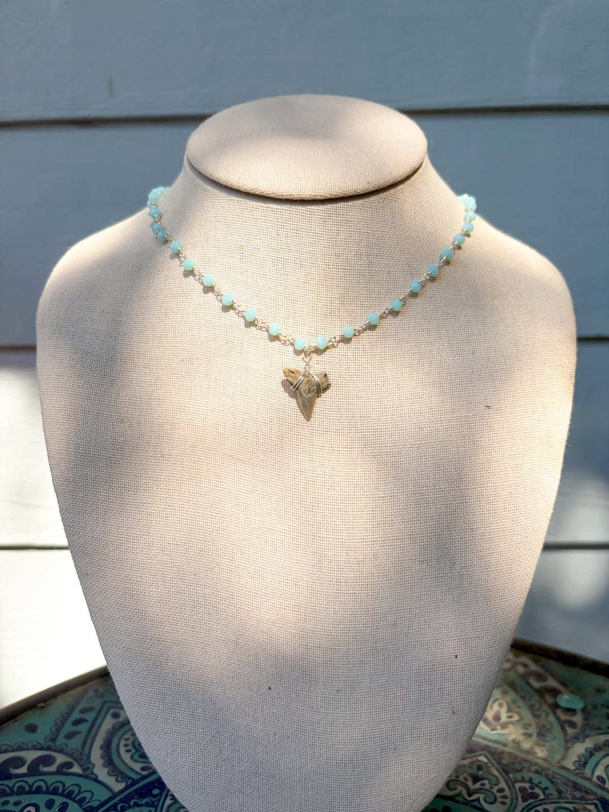 Light Blue Beaded Shark Tooth Necklace