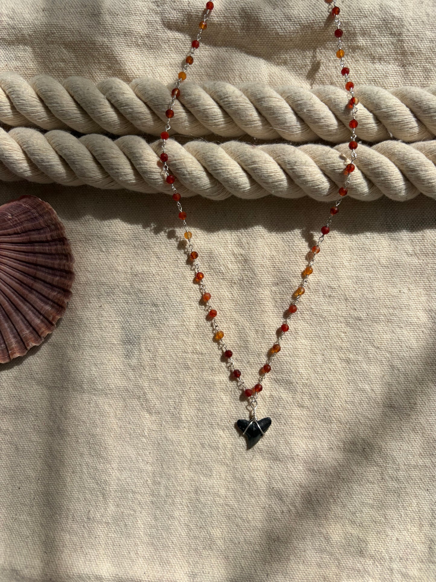 Ember Tide – Silver Shark Tooth Necklace (Orange Beaded, 18”)