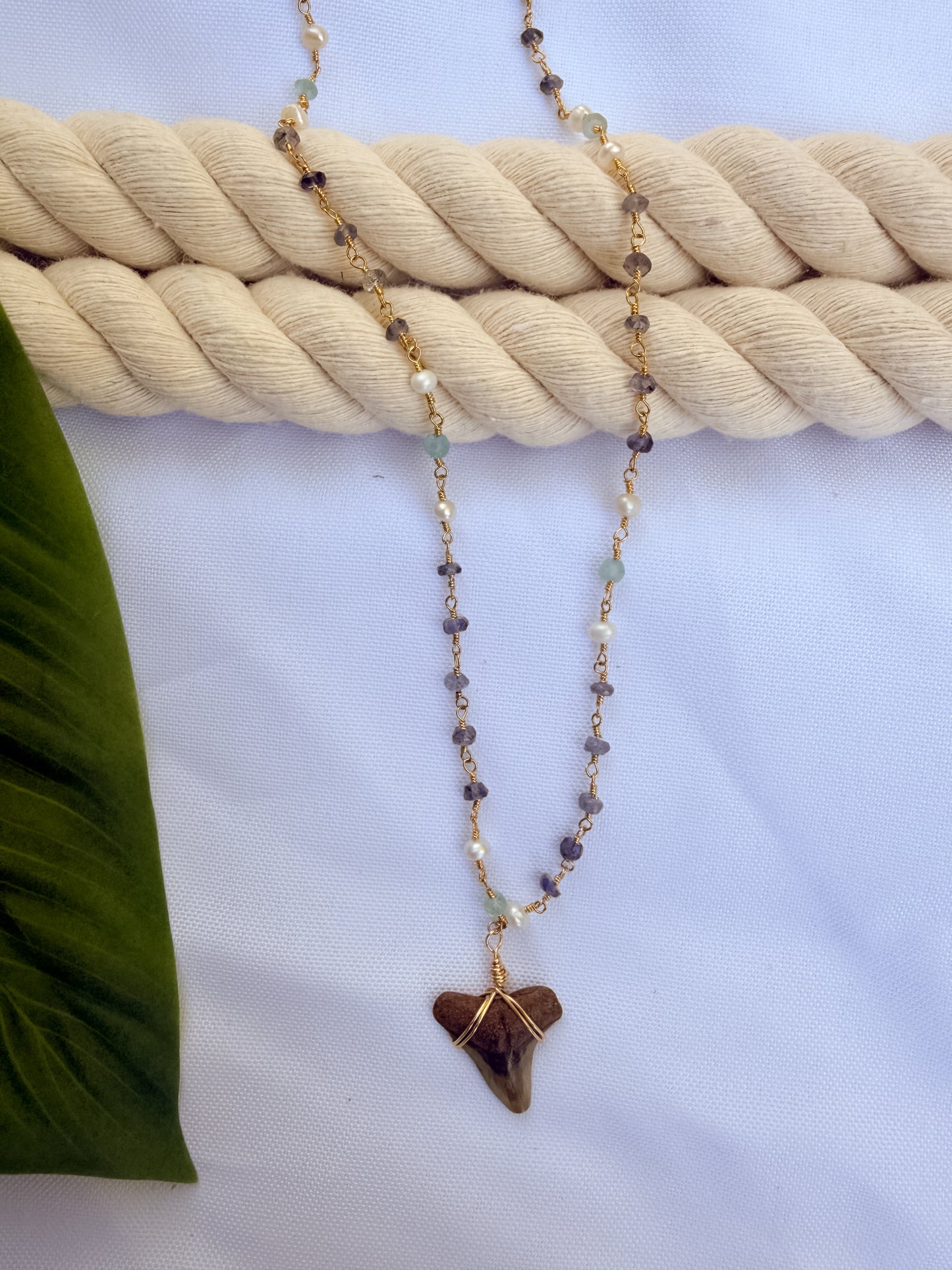 Iris Tide Necklace – Gold Beaded Aquamarine, Tanzanite & Shark Tooth Pendant