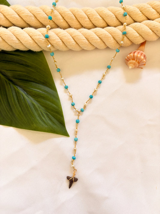 Seafoam Pearl – Turquoise & Pearl Shark Tooth Lariat Necklace