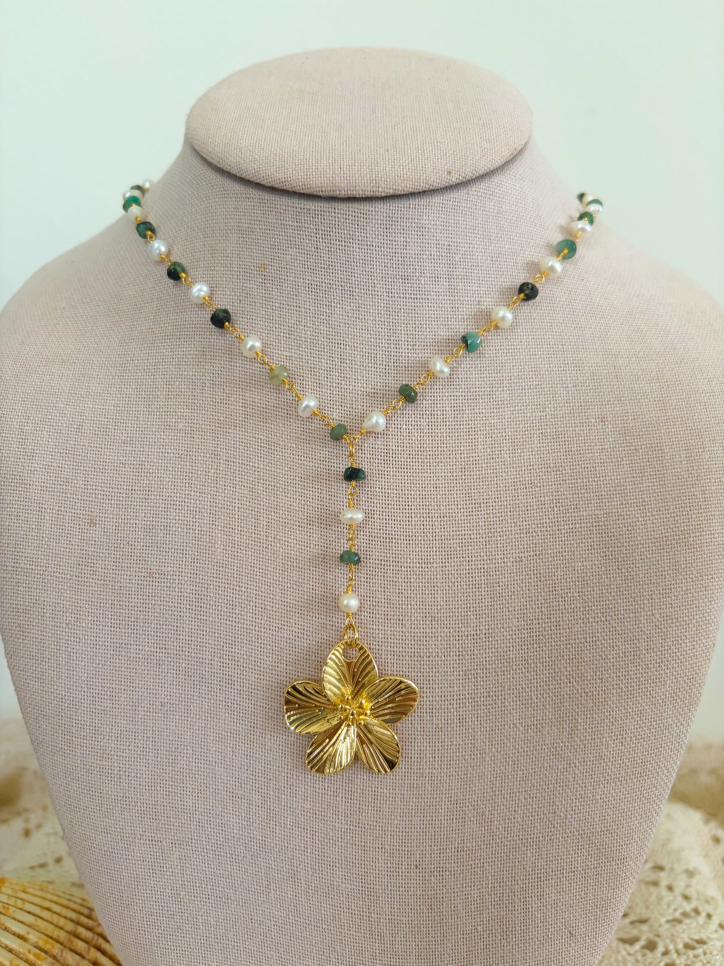 Waterproof Emerald & Freshwater Pearl Flower Lariat Necklace