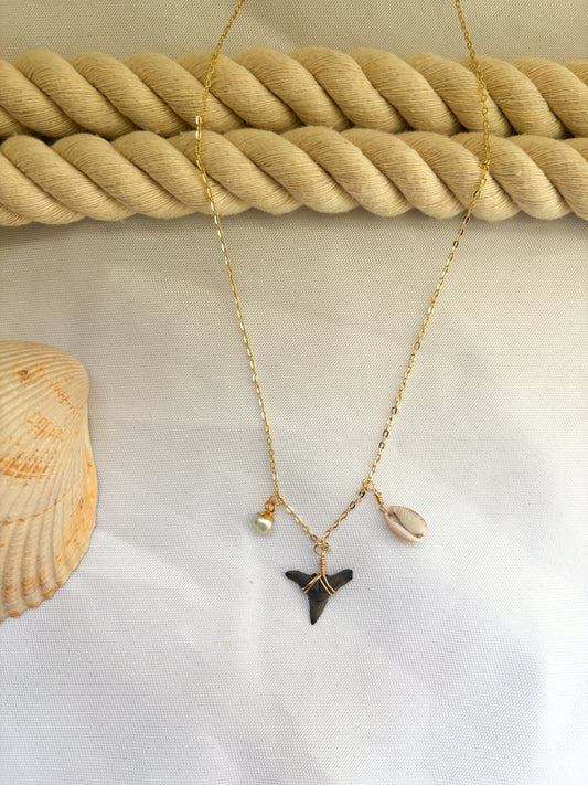 Waterproof Shark Tooth Cowrie Shell Necklace with Freshwater Pearl | 18k Gold Filled