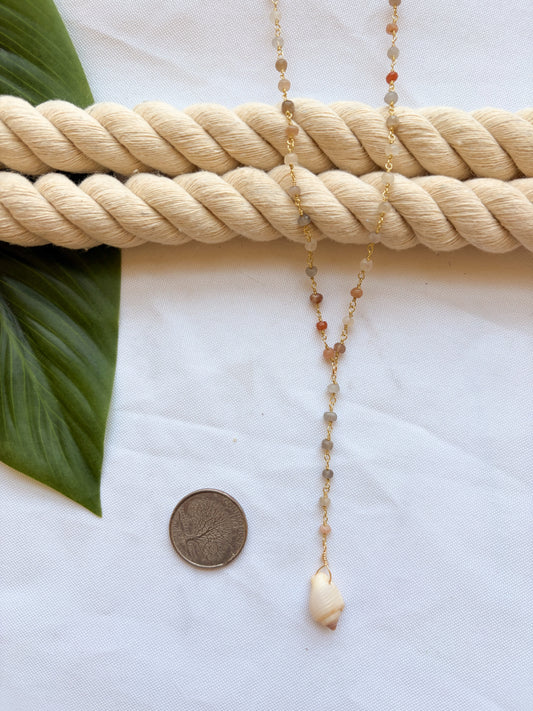 Rainbow Moonstone Shell Lariat Necklace – Gold Beaded Necklace