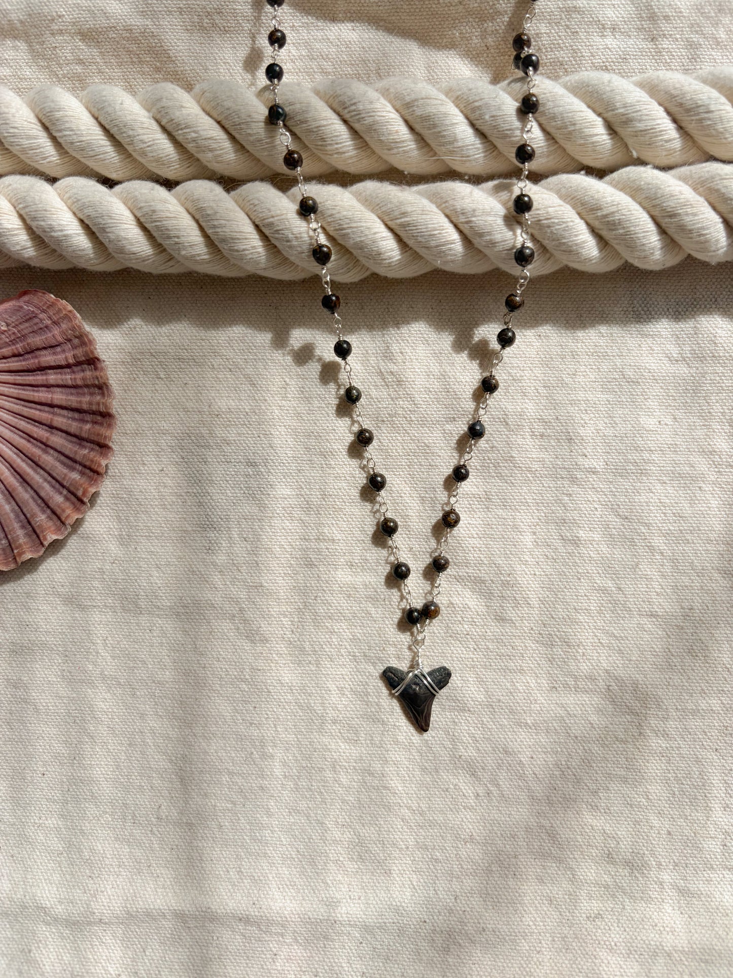 Afterdark Tide – Silver Shark Tooth Necklace (Black Beaded, 18”)