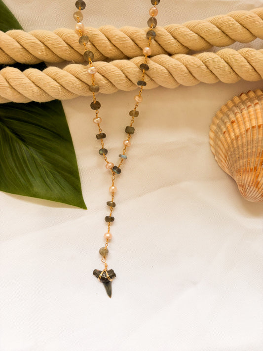 Low Tide Necklace – 18k Gold Filled Waterproof Labradorite + Freshwater Pearl Shark Tooth Necklace