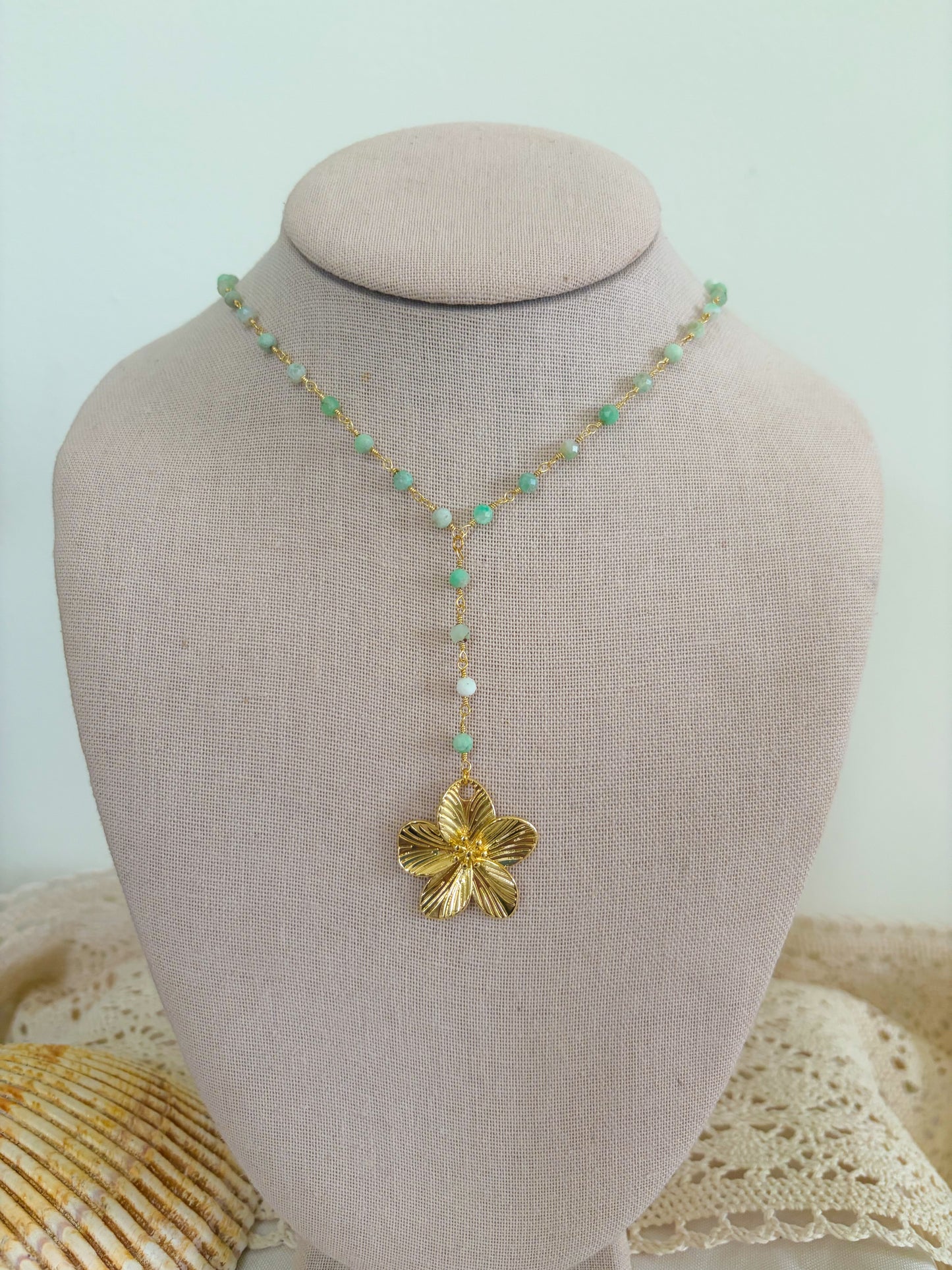 Waterproof Chrysoprase Flower Lariat Necklace