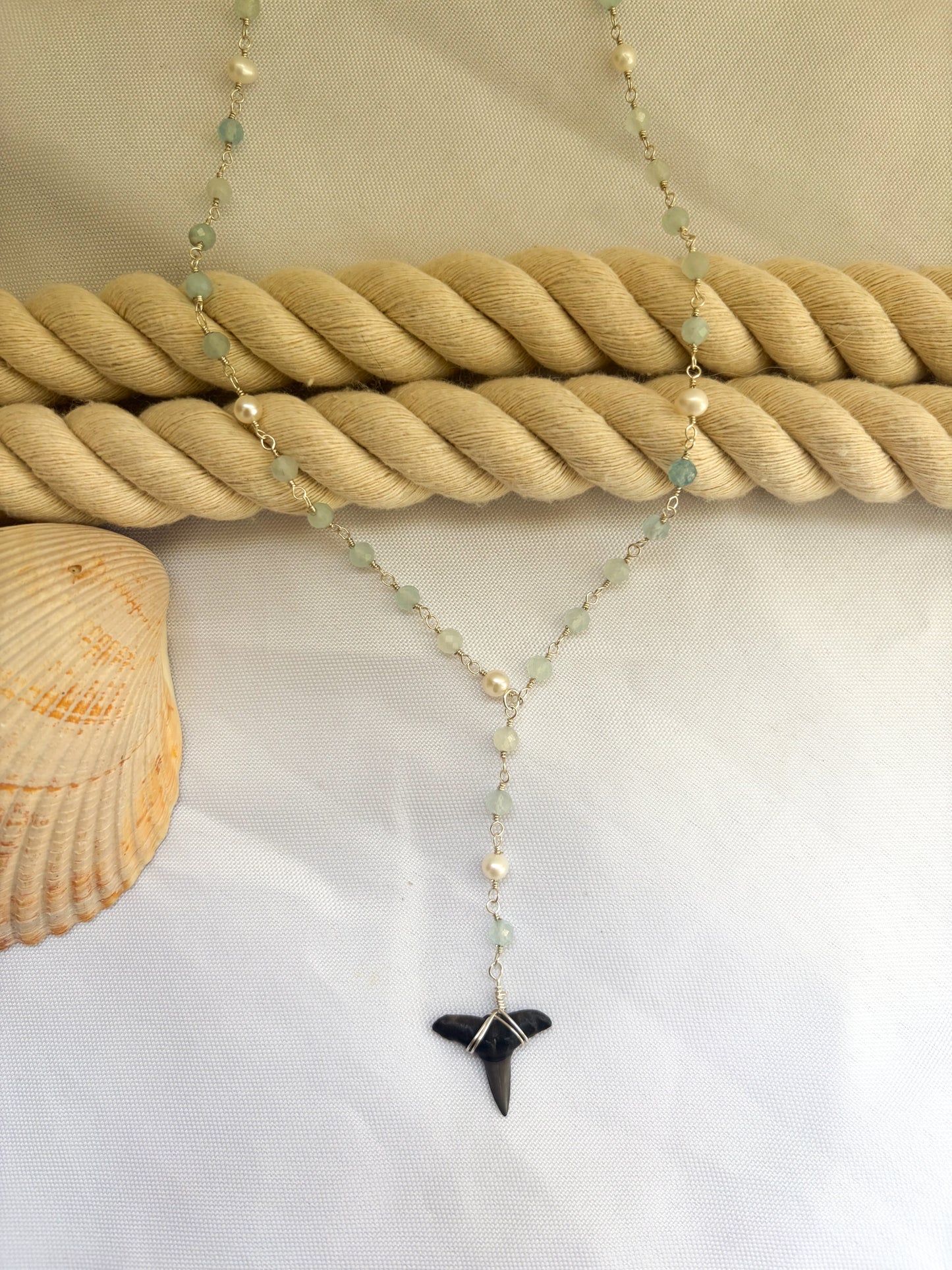 Waterproof Aquamarine Shark Tooth Lariat Necklace with Freshwater Pearls | Sterling Silver