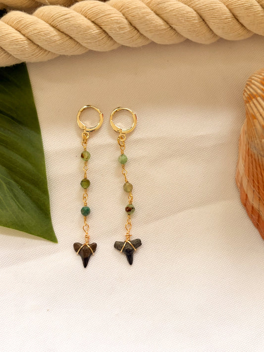 Emerald Reef Shark Tooth Earrings – Waterproof Gemstone Hoops