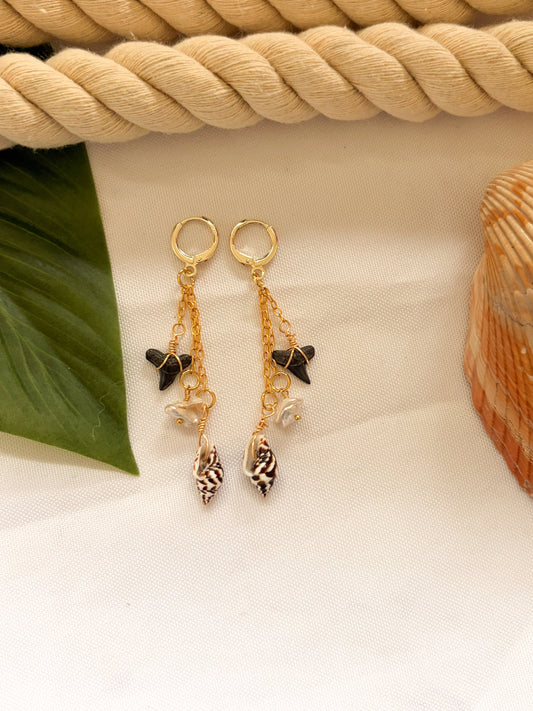 Masonboro Shell Shark Tooth Earrings – Waterproof Gold Hoops