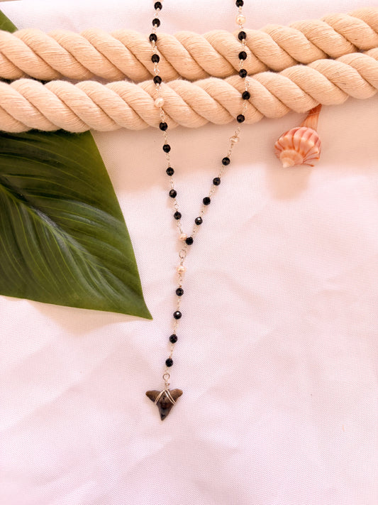 Salt Current – Black Spinel & Pearl Shark Tooth Lariat Necklace